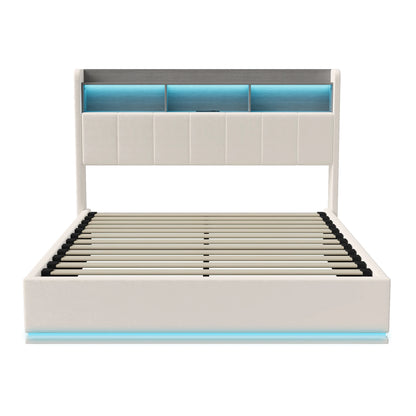 WoodenAura 160x200 CM Polsterbett mit LED-Lichtleiste, Kopfteil mit Stauraum, Doppelbett, flacher Bettrahmen, Metallbettrahmen