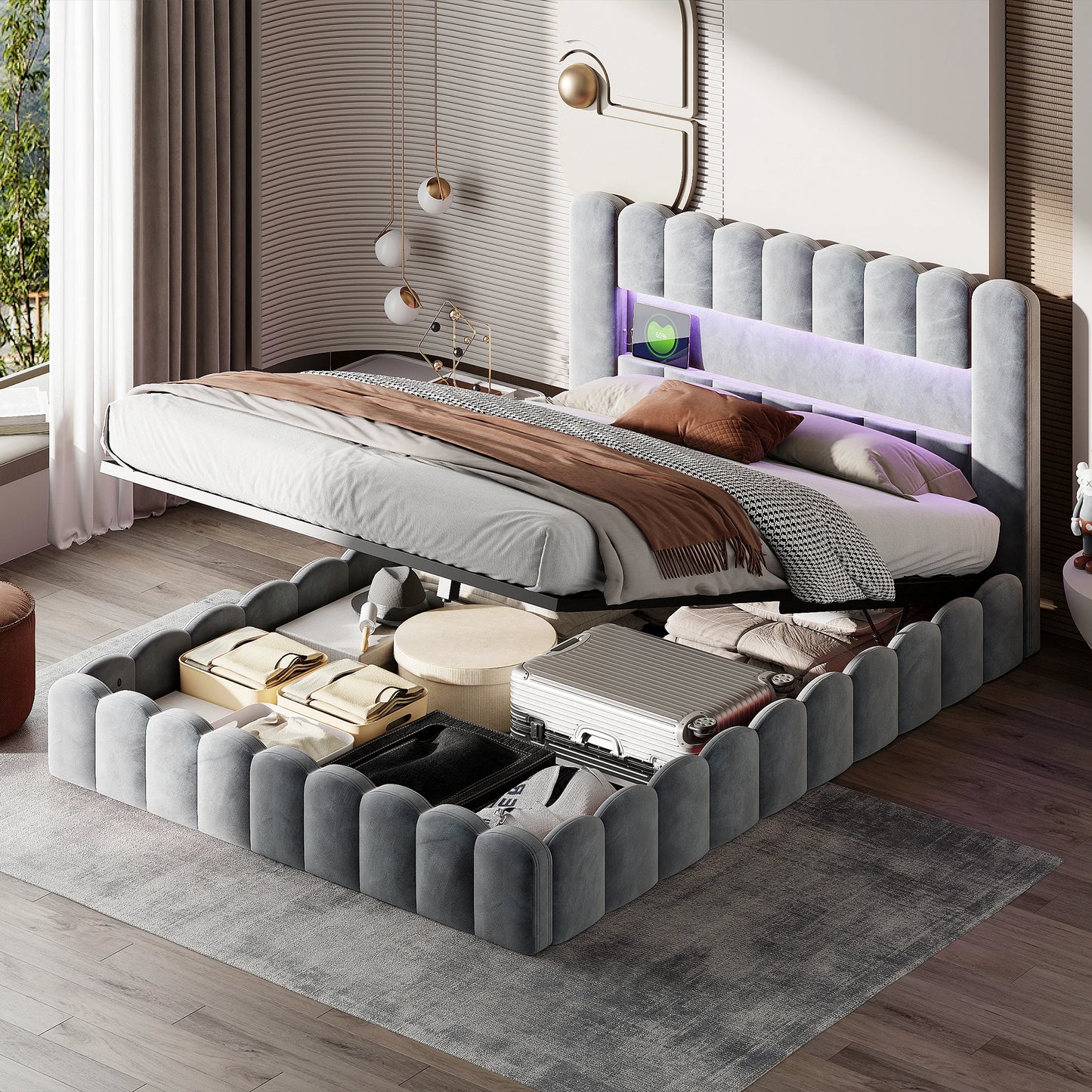 Rosahqnda Polsterbett 180 x 200 cm, gepolsterter Doppelbettrahmen mit Kopfteil für Schlafzimmer und Jugendzimmer, Lattenrost aus Holz