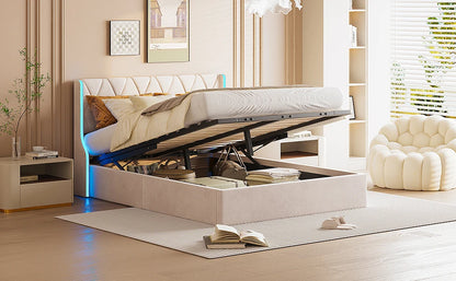 Rosahqnda Polsterbett, hydraulisches Doppelbett mit Lattenrost und LED-Kopfteil, Stauraumbett, Funktionsbettgestell in Flanell