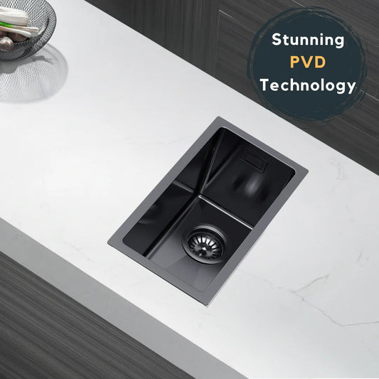 22 x 44 cm große Graphit-Edelstahl-Küchenspüle – kein Wasserhahnloch, PVD-beschichtet, oben/unter/unten/untersetzbar, mit Überlauf- und Abflussset
