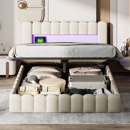 Rosahqnda Upholstered Bed 140x200cm,Storage Bed with LED and USB Charging,for Adults,Teen Bedrooms,Gray, Beige,Linen