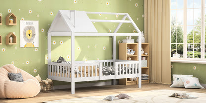 Roshanda Kinderbett, 90 x 200 cm, Hausbett, Einzelbett, mit Tafel/Bücherregal/Schublade, Kiefer, Weiß