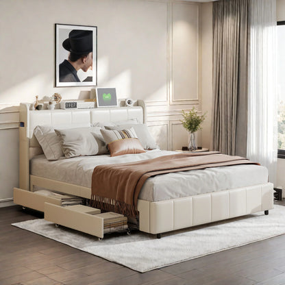 WoodenAura Doppeltes Polsterbett 140x200CM mit 4 Schubladen für die Lagerung, Rückenlehne mit Lagerung und Lattenrost, PU-Leder