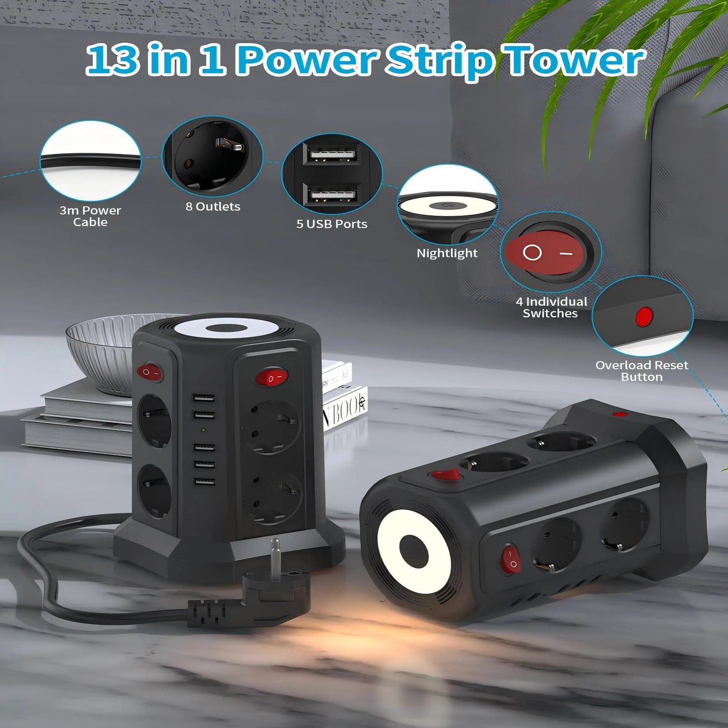 EU-Multifunktionssteckdosenturm mit 8 Positionen und 5 USB-Anschlüssen, unabhängiges Steuerschalterdesign für Steckplatinen im Home Office.
