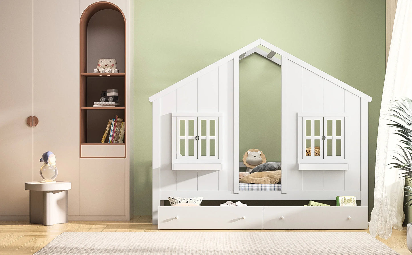 Roshanda Kinderbett, 90 x 200 cm, Hausbett, Einzelbett, mit Tafel/Bücherregal/Schublade, Kiefer, Weiß