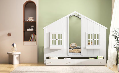 Roshanda Kinderbett, 90 x 200 cm, Hausbett, Einzelbett, mit Tafel/Bücherregal/Schublade, Kiefer, Weiß