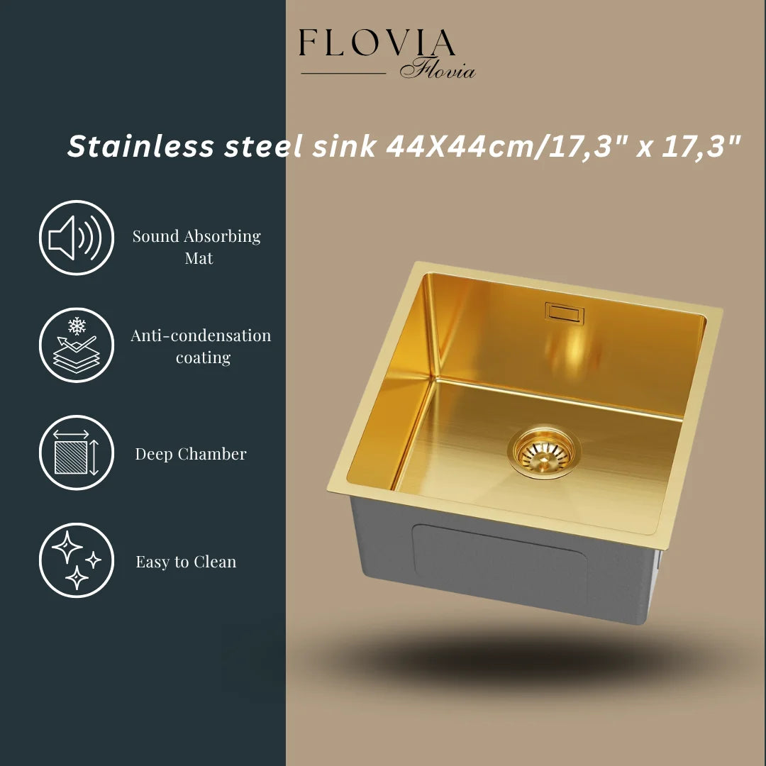 Flovia Gold PVD-Edelstahlspüle 44 x 44 cm – Einzelschüssel oben/Untermontage – mit Abflusssatz und Zubehör