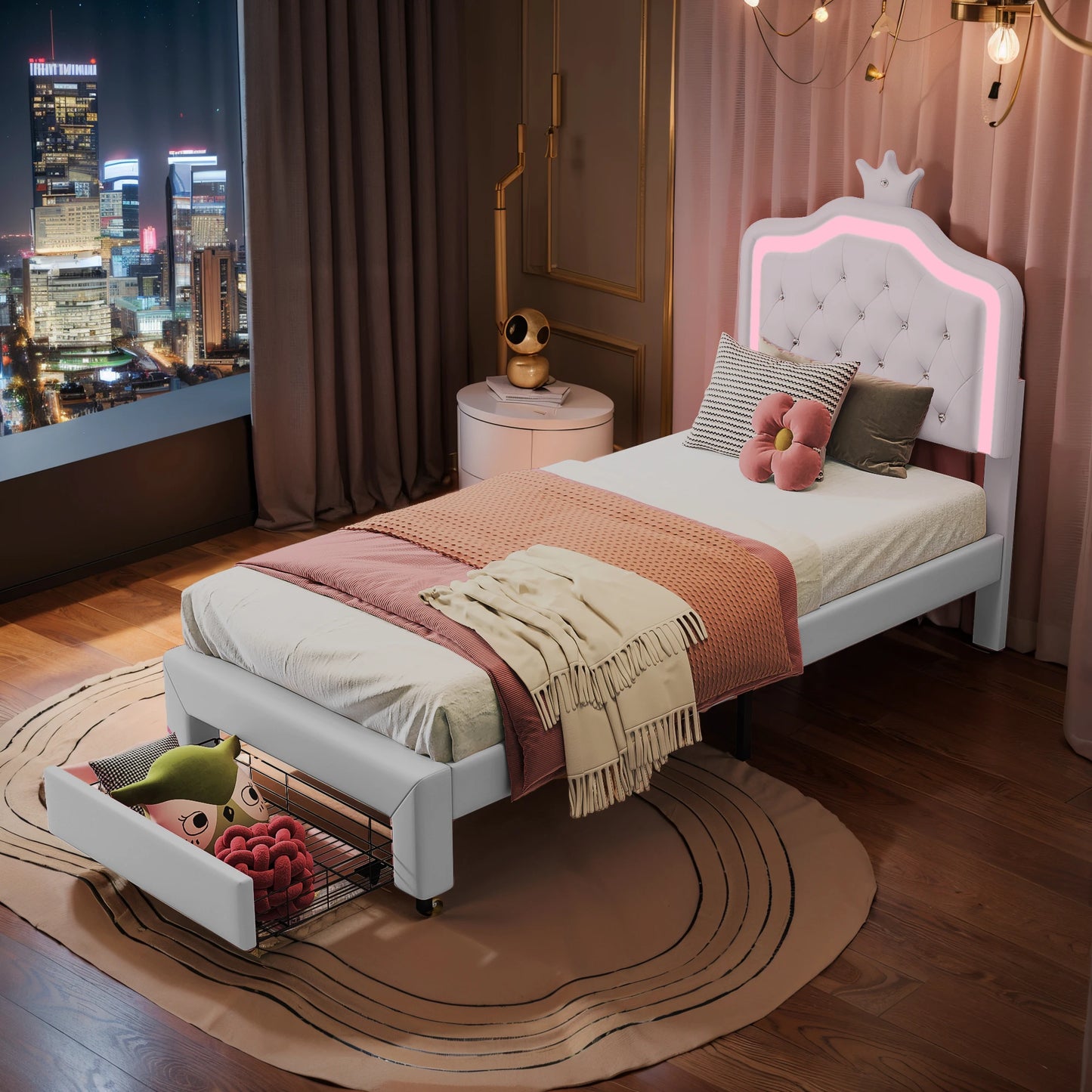 90x200cm Polster bett, Einzel bett mit Lattenrost und Rückenlehne, mit LED und großem Stauraum, PU, White, ohne Matratze