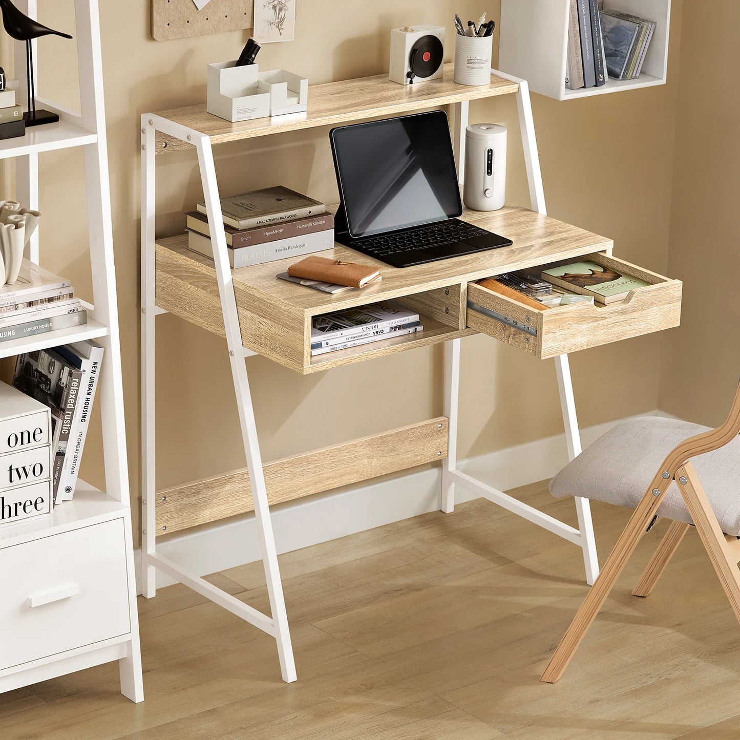 SoBuy FWT63-N Schreibtisch mit Ablage und Fach Computertisch Arbeitstisch Bürotisch Tisch mit Schublade