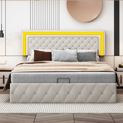 Comanlai 140 x 200 cm Polsterbett, hydraulisches Bett mit Stauraum, LED-Doppelbett mit Stauraum und Lattenrost, Samt, Beige