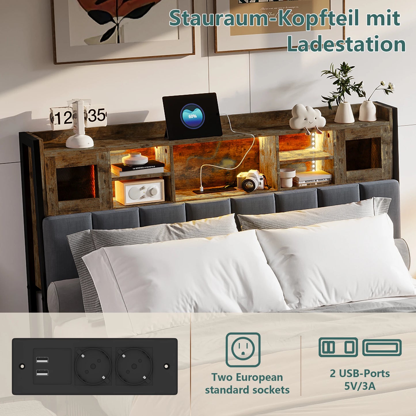 WoodenAura Polsterbett 140x200cm, Doppelbett mit 4 Schubladen, LED Kopfteil mit USB Ladefunktion, Rückenlehne Bett mit Stauraum