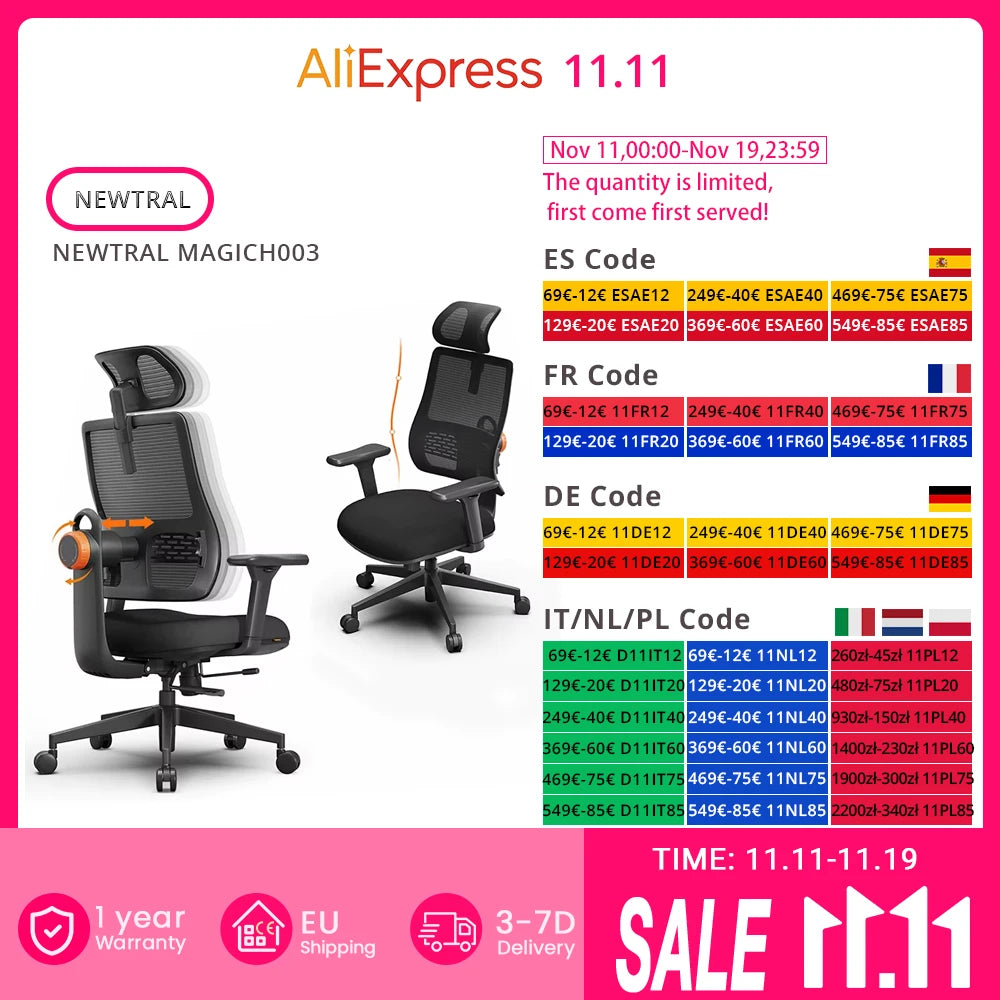 NEWTRAL MAGICH003 Ergonomischer Bürostuhl, automatisch ausgestellte Rückenlehne, adaptive Unterrückenstütze, verstellbarer Kopfstützensitz