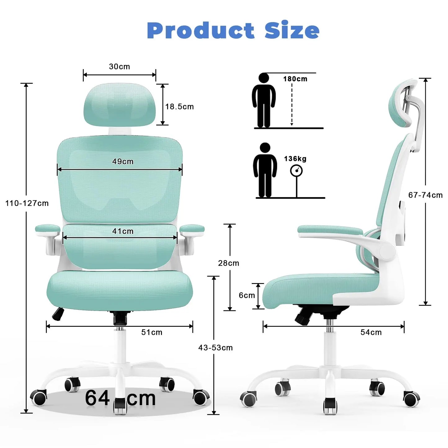 Ergonomic Office Chair, Desk Chair with Folding Armrests, Height-Adjustable, Breathable Backrest, Swivel Chair 360°