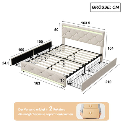 Comanlai 160 x 200 cm Polsterbett, mit USB-Ladefunktion und LED-Kopfteil und 4 Schubladen, ohne Matratze, Samt, gebrochenes Weiß