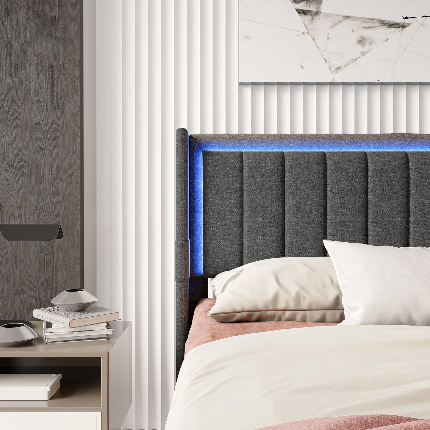 Rosahqnda Gepolsterter Bettrahmen mit LED, USB, Schubladen, Leinen Plattformbett 140-160-180×200cm,Jugendwohnungsbett,Gästebett