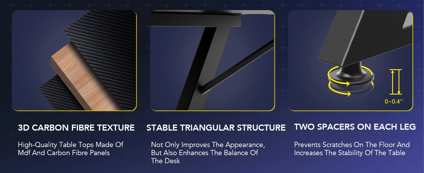 GTPLAYER Gaming Tisch, Gaming Schreibtisch 120 x 60cm, PC Tisch Gamer Tisch mit Kohlefaseroberfläche/LED/Steckdose, Schwarz