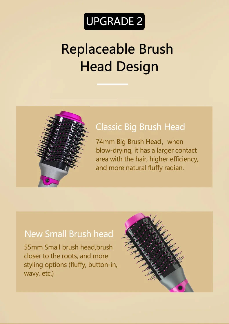 1200W Hair Dryer Hot Air Brush Styler Replaceable Head Straightener Curler Comb Roller One Step Electric Ion Blow Dryer Brush.