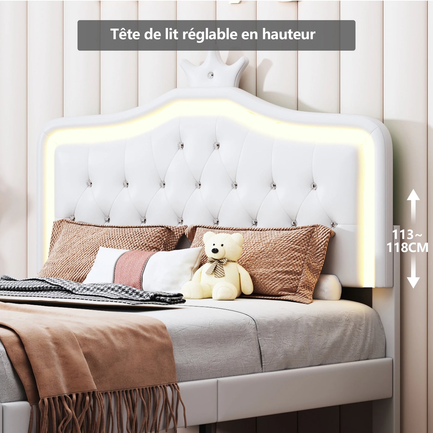 Polsterbett 140x200 cm für Kinder, Prinzessinnenkrone mit LED und Schubladen, Jugendbett mit höhenverstellbarem Kopfteil