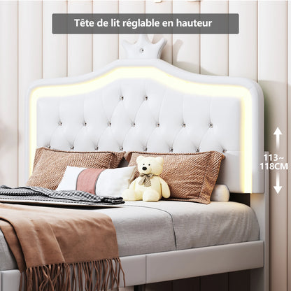 Polsterbett 140x200 cm für Kinder, Prinzessinnenkrone mit LED und Schubladen, Jugendbett mit höhenverstellbarem Kopfteil