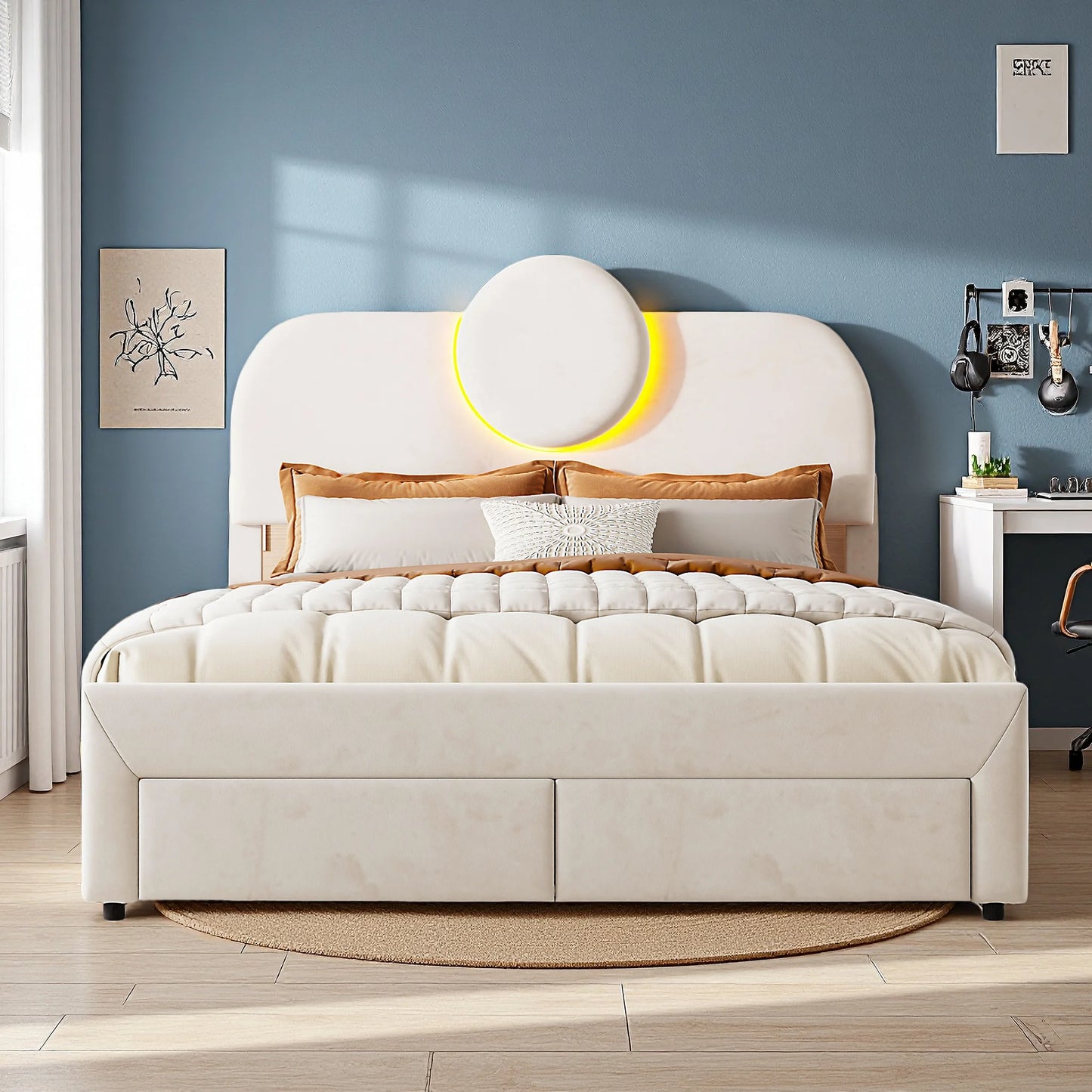 WoodenAura Gepolstertes Doppelbett, 140 x 200 cm mit LED, gepolstertes Bettgestell mit verstellbarem Kopfteil und Lattenrost