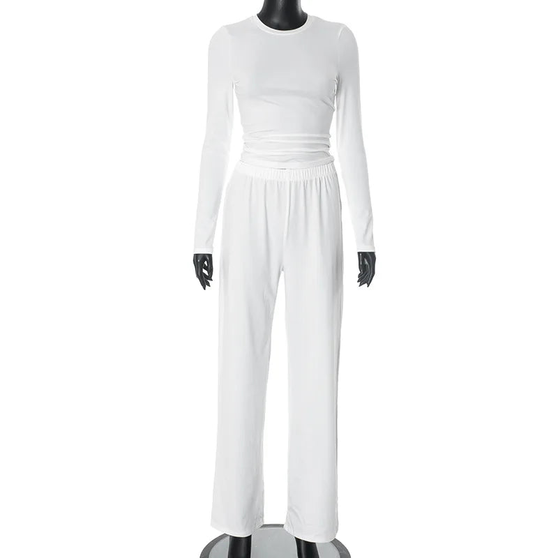 Apprabant Solid Pleated Casual Basic Trousers Set Round Neck Long Sleeve Top Fashion Sports Style High Waist Wide Leg Pants Suit.