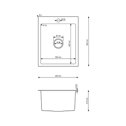 Küchenspüle aus Edelstahl, 40 x 50 cm, Graphit, Einzelschüssel mit Siphon, leicht zu reinigen, handgefertigte Spüle für die Küche