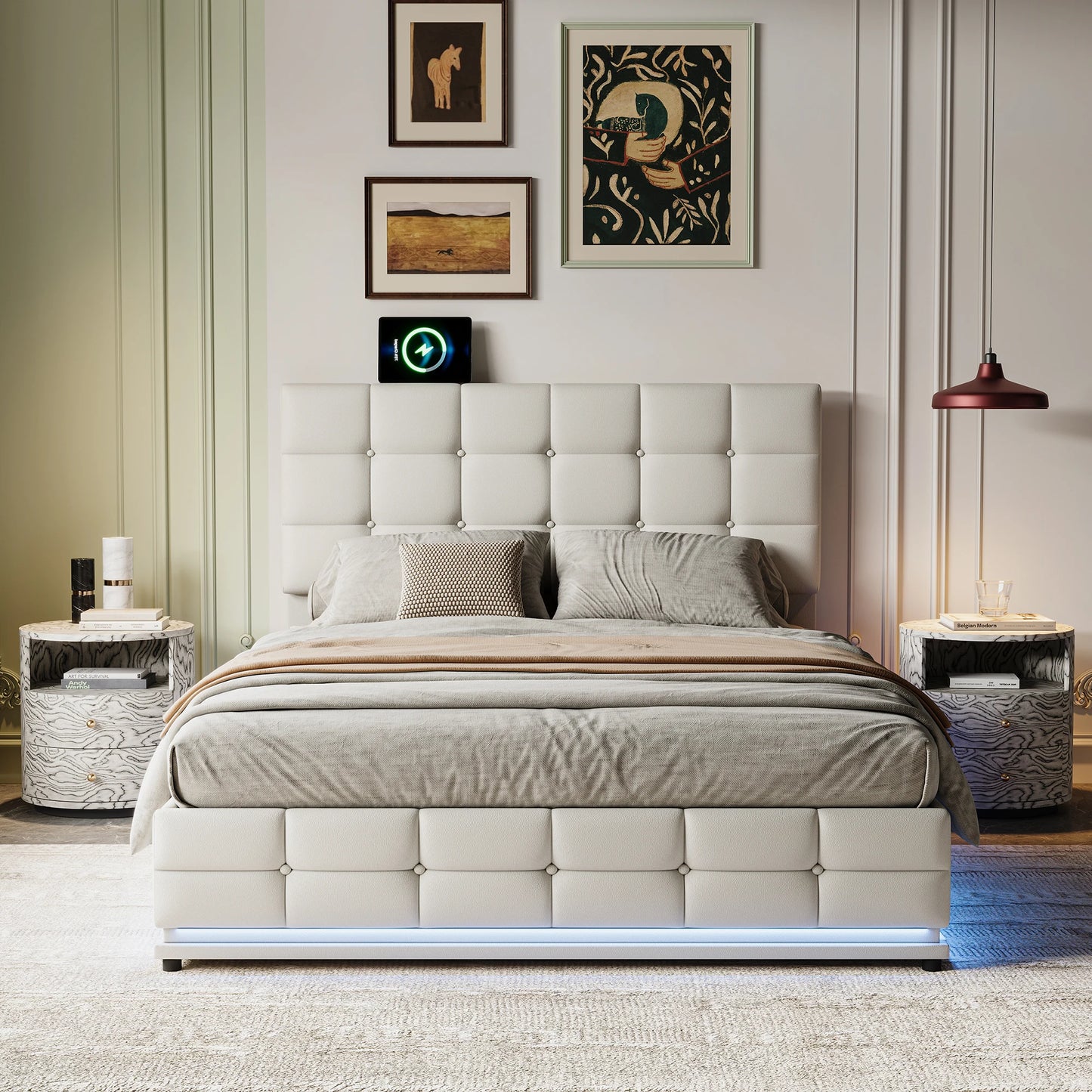 Rosahqnda gepolstertes Doppelbett 140 x 200 cm, LED-Beleuchtung, Doppelbett mit Stauraum, Kinderbett, Jugendbett, weißes PU-Leder