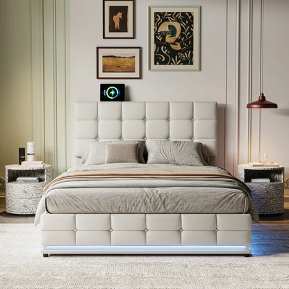 Rosahqnda gepolstertes Doppelbett 140 x 200 cm, LED-Beleuchtung, Doppelbett mit Stauraum, Kinderbett, Jugendbett, weißes PU-Leder