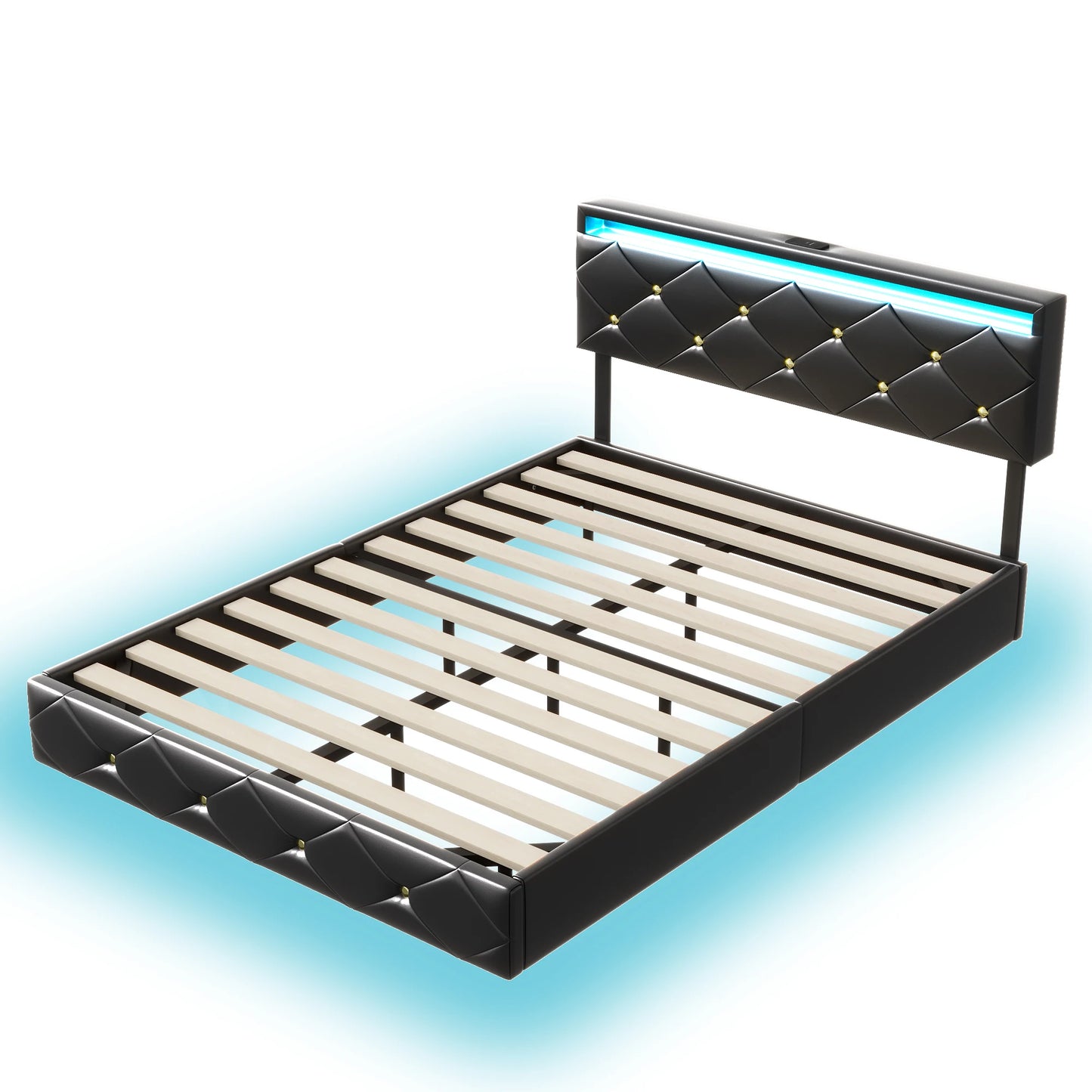 Rosahqnda Schwebebett 140-160*200cm LED USB verstellbares Kopfteil,Doppelpolsterbett Apartmentbett Jugendbett Gästebett,PU