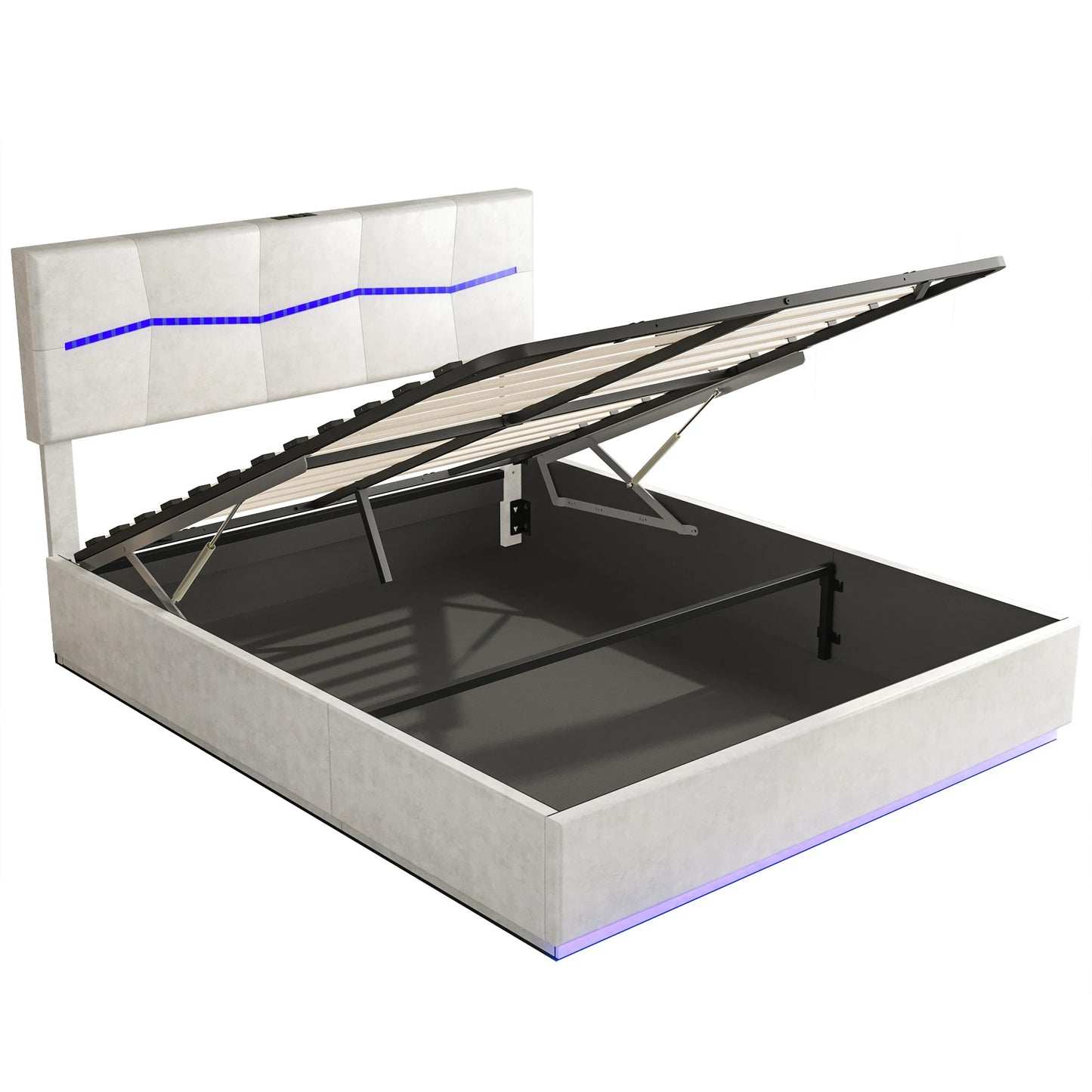 Polsterbett Doppelbett 140x200cm Jugendbett mit Verstellbares Kopfteil, Bett mit Beleuchtung, Stauraumbett mit Hydraulisch, PU