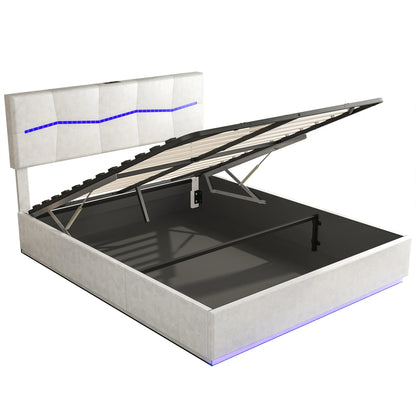 Polsterbett Doppelbett 140x200cm Jugendbett mit Verstellbares Kopfteil, Bett mit Beleuchtung, Stauraumbett mit Hydraulisch, PU