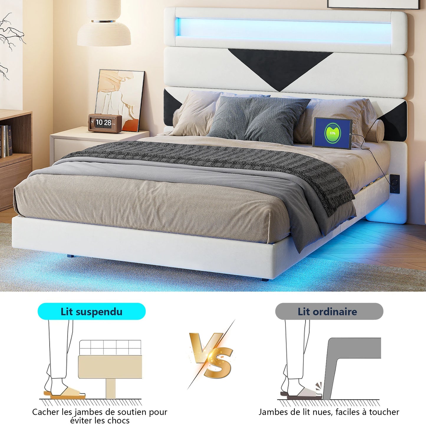 WoodenAura Polsterbett 160x200cm mit LED-Beleuchtung, Bettrahmen mit Lattenrost, verstellbares Kopfteil, Jugendbett