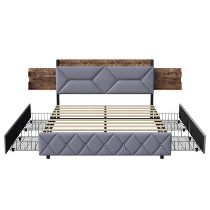 Bett 140 x 200 mit USB, Doppelbett mit 4 Schubladen, Kopfteil mit ausziehbarem Stauraum, Erwachsenenbett mit Lattenrost