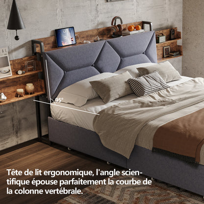 Bett 140 x 200 mit USB, Doppelbett mit 4 Schubladen, Kopfteil mit ausziehbarem Stauraum, Erwachsenenbett mit Lattenrost