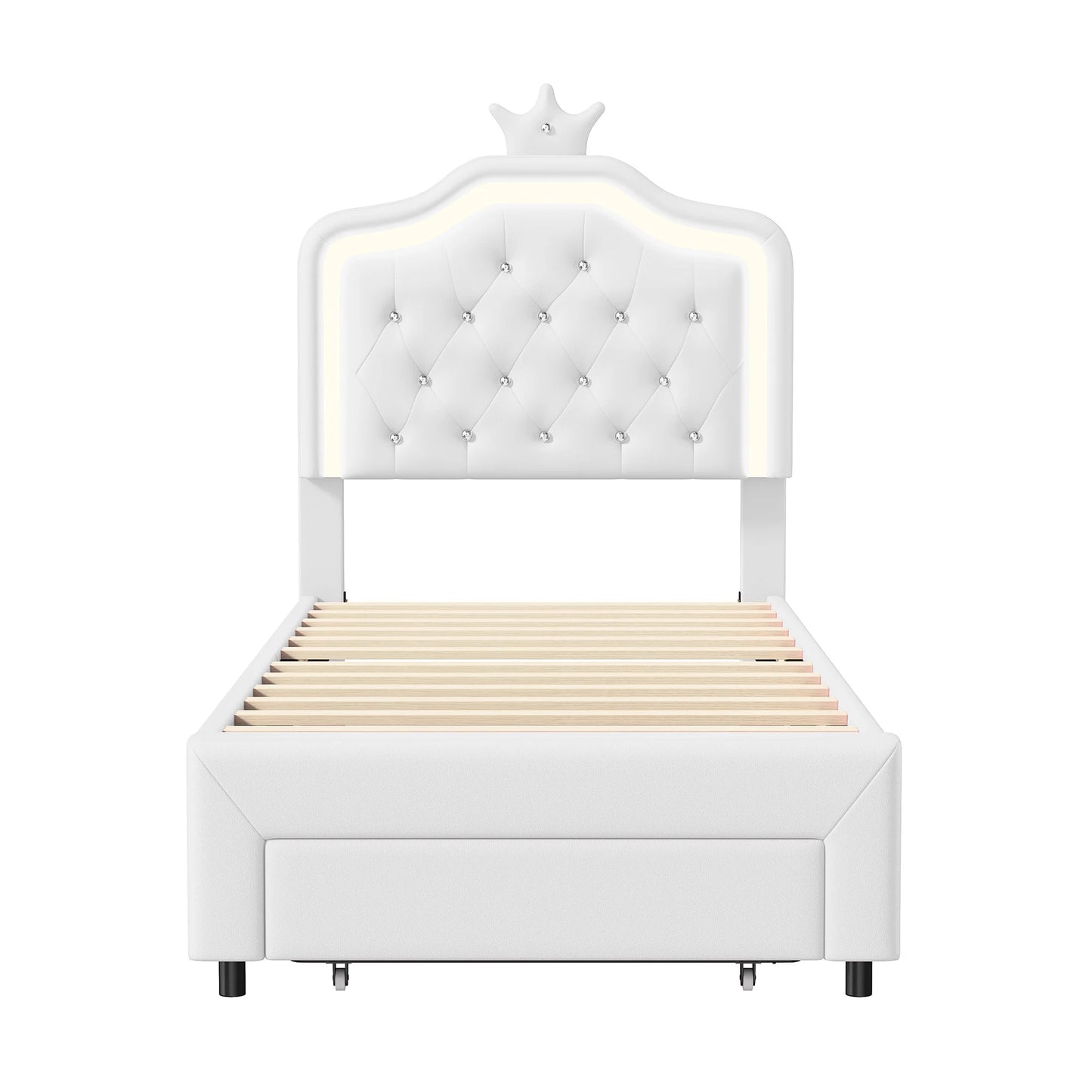 Rosahqnda Kinderbett Kronenform 90/140 x 200 cm, LED und Schubladen, höhenverstellbares Kopfteil, PU, Rosa/Weiß