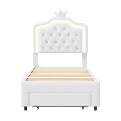 Rosahqnda Kinderbett Kronenform 90/140 x 200 cm, LED und Schubladen, höhenverstellbares Kopfteil, PU, Rosa/Weiß