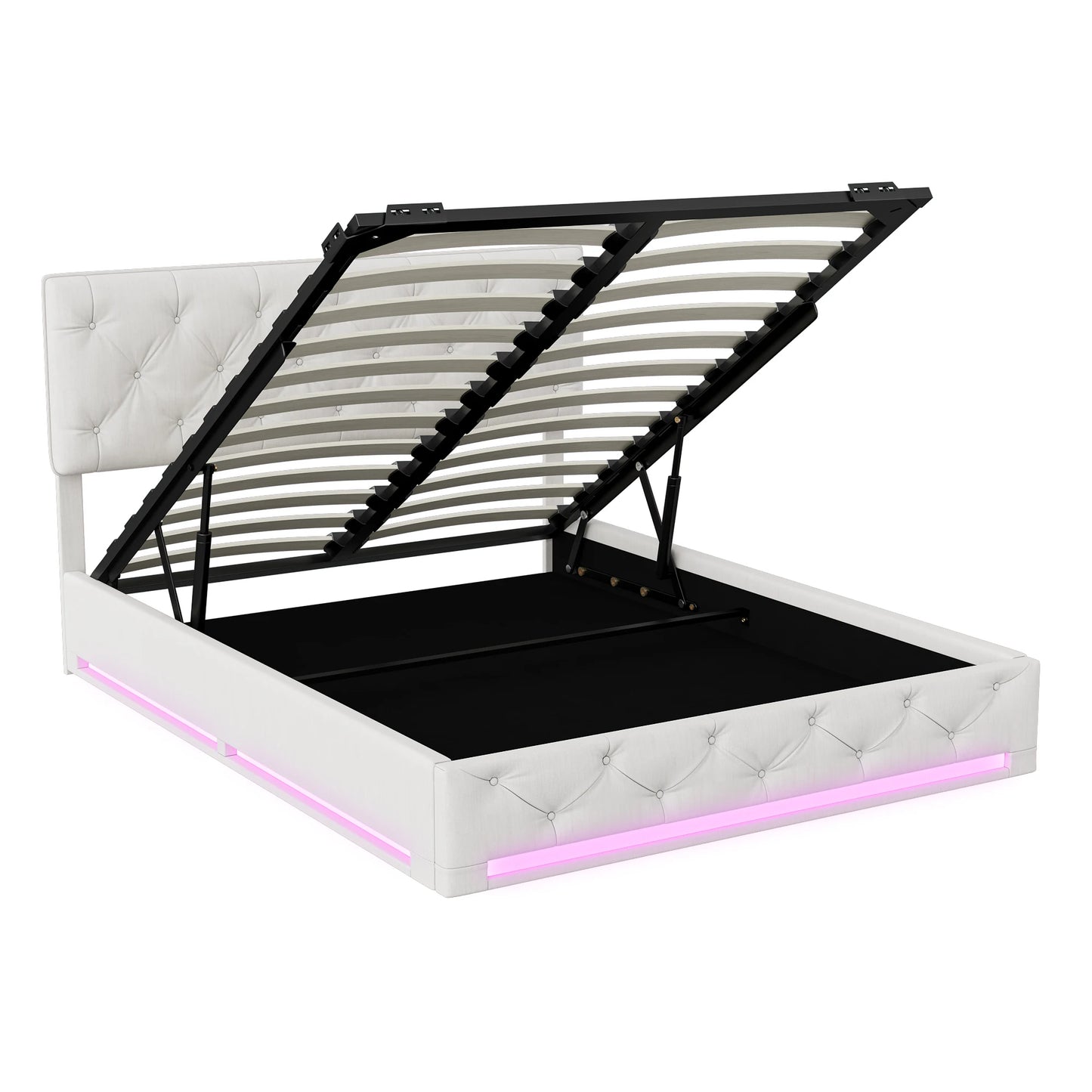 Rosahqnda Double Upholstered Bed 160x200,LED Hydraulic Storage Bed with Large Storage Space,Adjustable Headboard,Bedroom,Beige