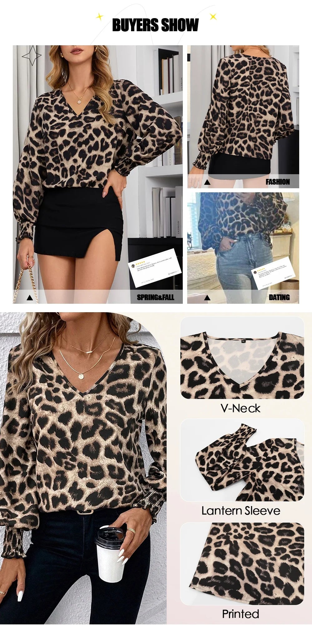 Mia Muse Women's Blouses Autumn Winter Simple Fitting Slim Leopard Long Sleeve V-Neck High Street Blouses.