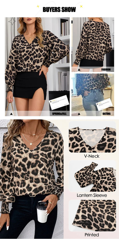 Mia Muse Women's Blouses Autumn Winter Simple Fitting Slim Leopard Long Sleeve V-Neck High Street Blouses.