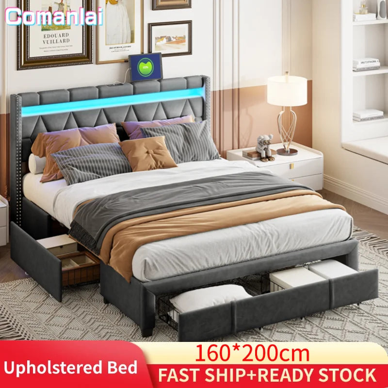 Comanlai Upholstered Bed,160 x 200 cm,with LED Headboard and USB,with 4 Storage Drawers, without Mattress, Linen Grey
