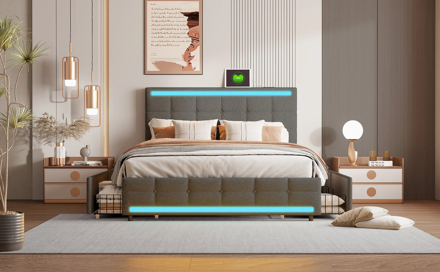 Rosahqnda Gepolstertes Doppelbett 140-160 x 200 cm mit 4 Schubladen und LED, Stauraumbett, Gästebett, Apartmentbett, Leinen