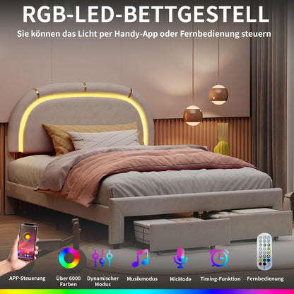 WoodenAura Doppelbett 140 × 200 cm gepolstertes mit 2 Schubladen und LED-Lichtst reifen, mit Rückenlehne Kopfteil und Lattenrost