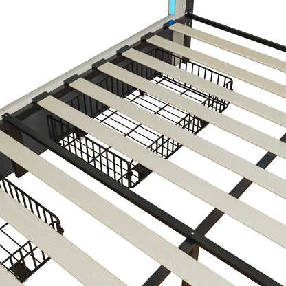 Rosahqnda Modern Double Bed with Drawers,Sockets,Led,Solid Metal,Headboard and Bed Frame with Storage,Teen Bed,Linen,Dark Grey