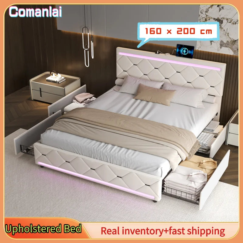 Comanlai 160 x 200 cm Polsterbett, mit USB-Ladefunktion und LED-Kopfteil und 4 Schubladen, ohne Matratze, Samt, gebrochenes Weiß