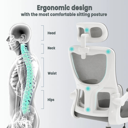 WOLTU Drehbarer Bürostuhl, ergonomischer Netz-Schreibtisch, Computerstuhl, höhenverstellbar, Schaukelfunktion, umkehrbare Armlehnen, Kopfstütze
