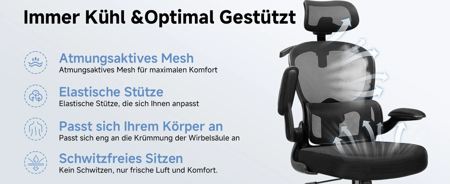 COMHOMA Bürostuhl Ergonomisch, Schreibtischstuhl mit 3D Kopfstütze und Lendenwirbelstütze, Integriertes Kleiderhaken-Design