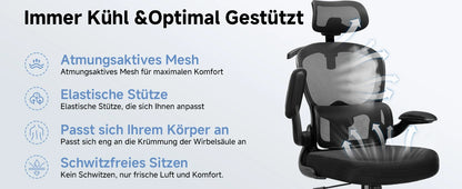 COMHOMA Bürostuhl Ergonomisch, Schreibtischstuhl mit 3D Kopfstütze und Lendenwirbelstütze, Integriertes Kleiderhaken-Design