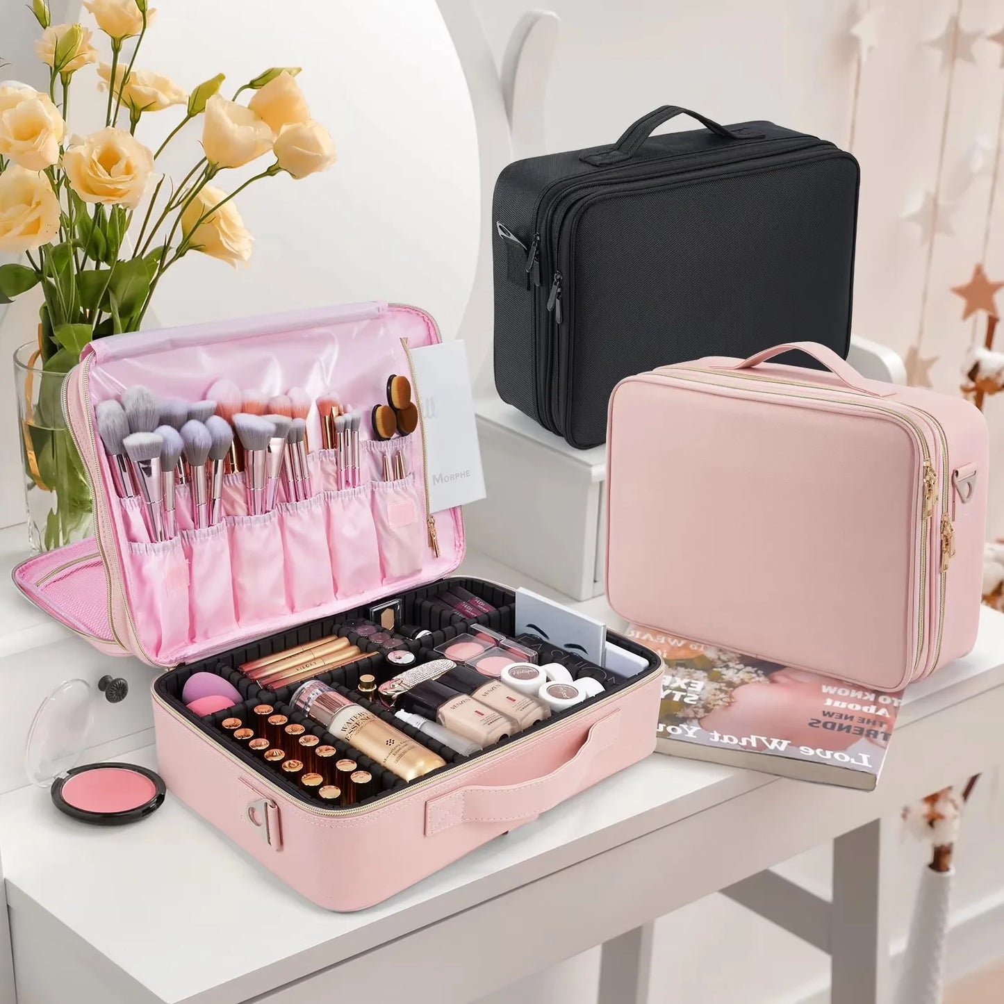 Professional Makeup Bag Extra Large Cosmetic Train Case Make Up Brush Organizer Storage Box Manicure Artist Bags with Dividers.