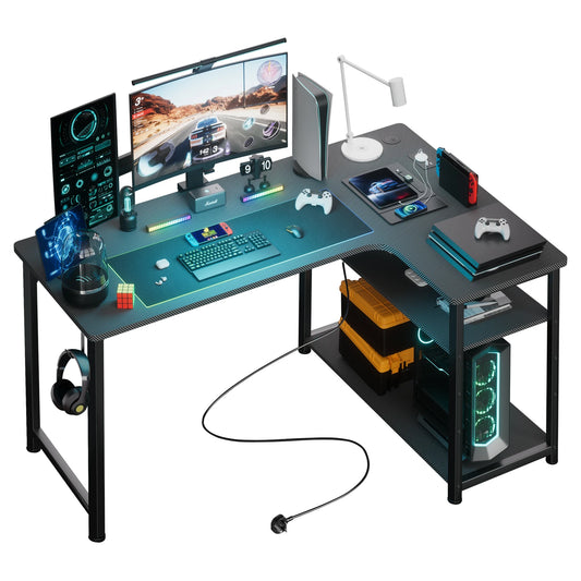 COMHOMA Schreibtisch Gaming Tisch mit Regal, Eckschreibtisch mit USB-Ladeanschluss und Steckdose, 120cm Computertisch L Form, PC