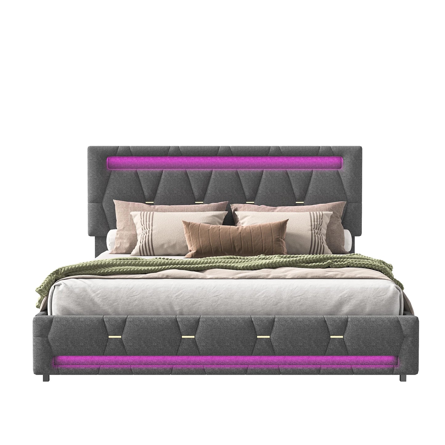 Rosahqnda Polsterbett 140 x 200 cm, Doppelbett mit LED-Beleuchtung, 4 Schubladen und Lattenrost, USB-Ladefunktion, hydraulisches Bett